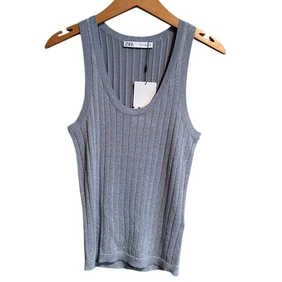 Zara Women’s Size Medium Ribber Silver Top. Brand New With Tags - Picture 2 of 5